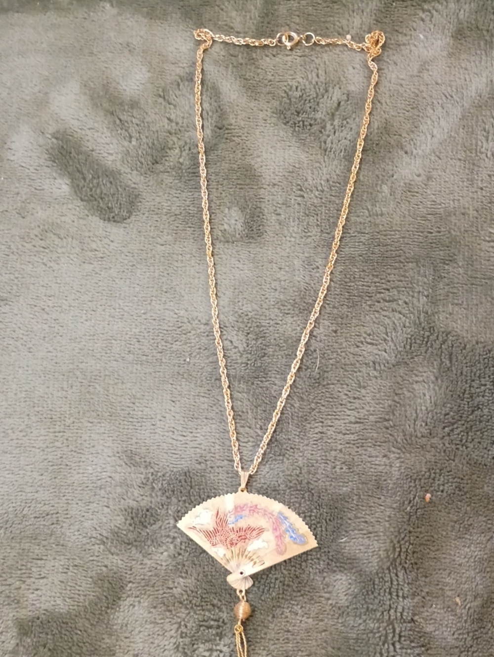 Vintage Asian Style Articulated Necklace Folding Fan Pendant Phoenix And Crane